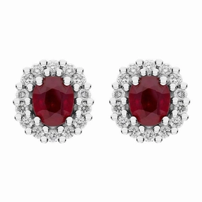 18ct White Gold Ruby Diamond Oval Cluster Earrings