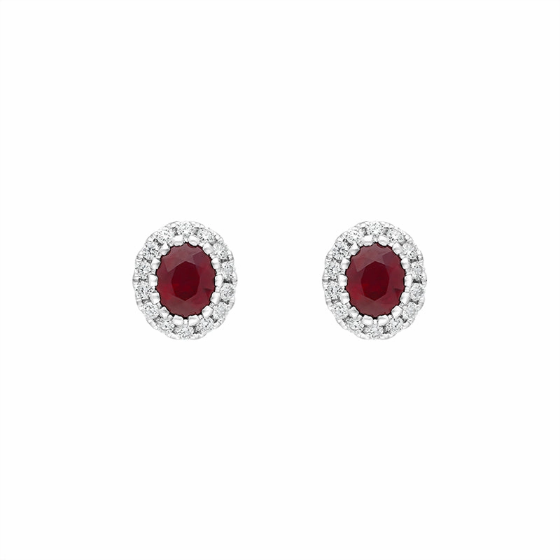 18ct White Gold Ruby Diamond Oval Cluster Earrings