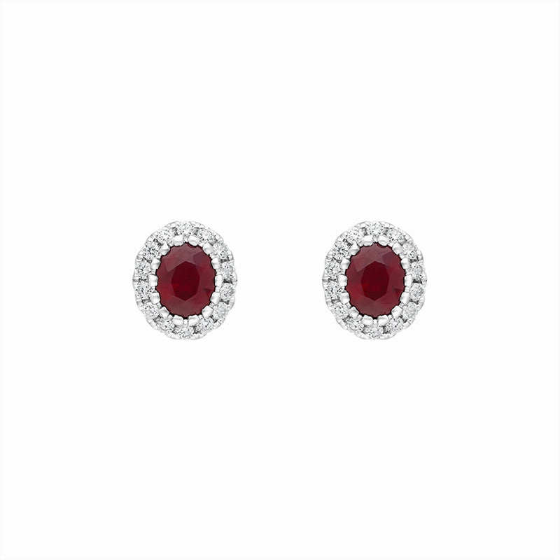 18ct White Gold Ruby Diamond Oval Cluster Earrings