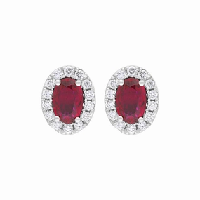 18ct White Gold Ruby Diamond Oval Cluster Stud Earrings