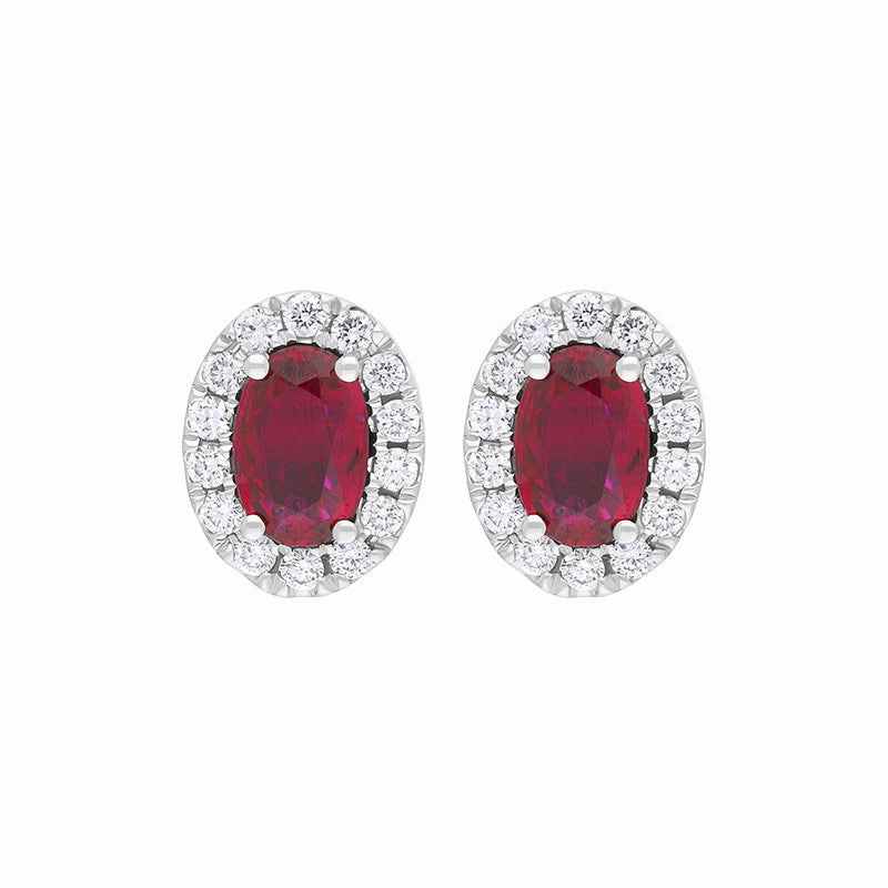 18ct White Gold Ruby Diamond Oval Cluster Stud Earrings