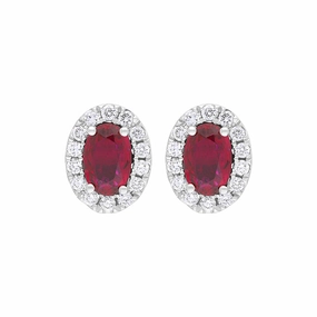 18ct White Gold Ruby Diamond Oval Cluster Stud Earrings