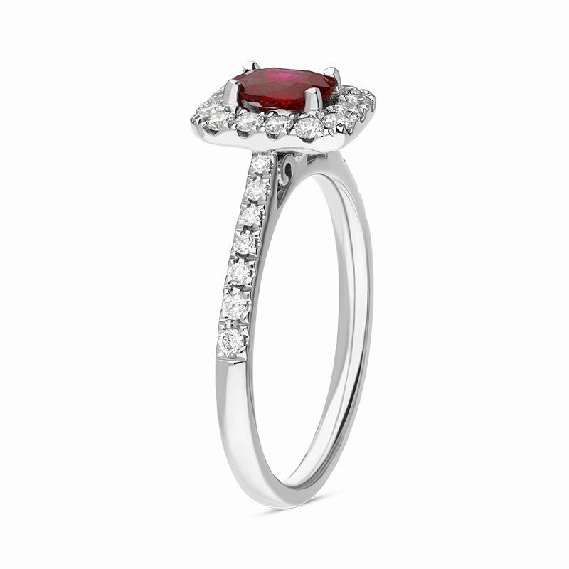 18ct White Gold Ruby Diamond Oval Cut Vintage Style Cluster Ring