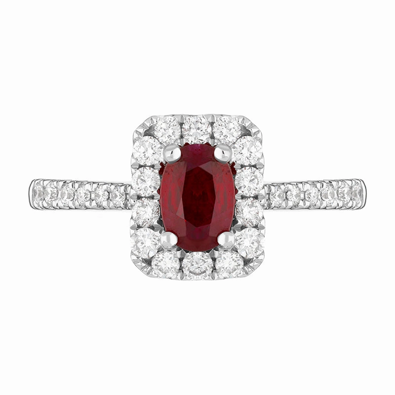 18ct White Gold Ruby Diamond Oval Cut Vintage Style Cluster Ring