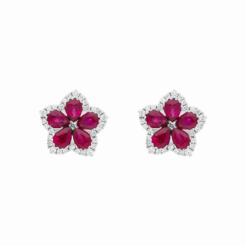 18ct White Gold Ruby Diamond Pear Cluster Flower Stud Earrings