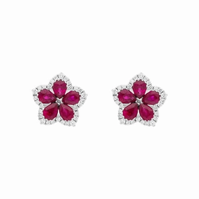 18ct White Gold Ruby Diamond Pear Cluster Flower Stud Earrings