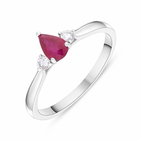 18ct White Gold Ruby Diamond Pear Cut Three Stone Ring