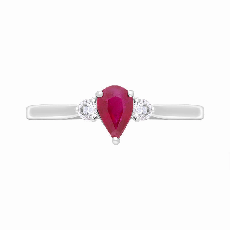 18ct White Gold Ruby Diamond Pear Cut Three Stone Ring