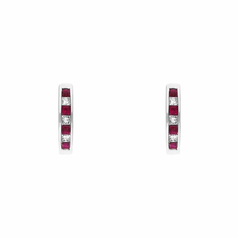 18ct White Gold Ruby Diamond Princess Cut Hoop Earrings