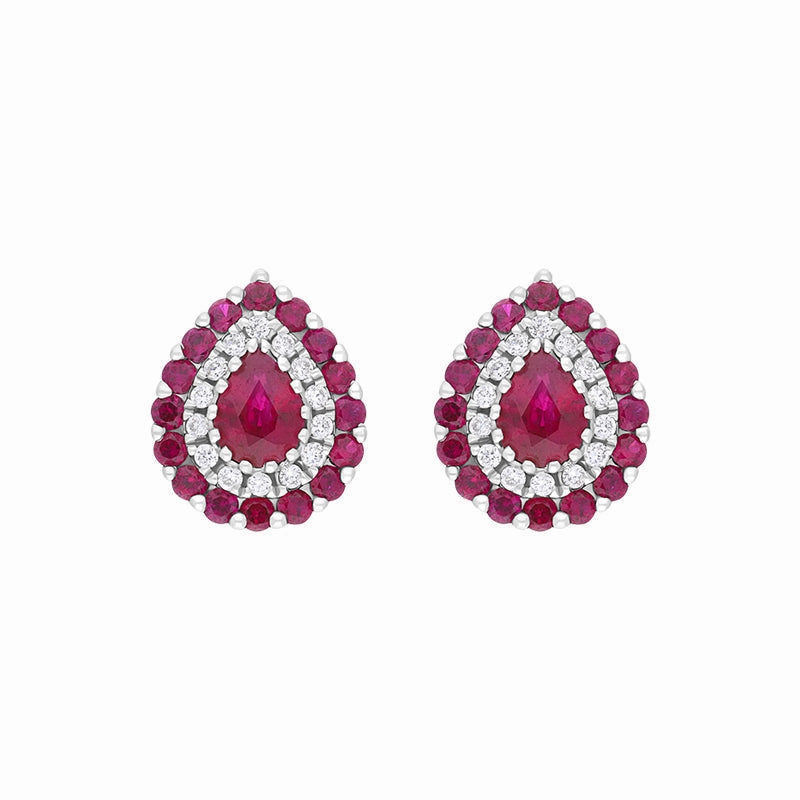 18ct White Gold Ruby Diamond Surround Teardrop Stud Earrings