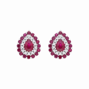 18ct White Gold Ruby Diamond Surround Teardrop Stud Earrings