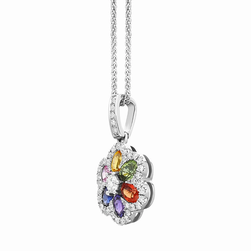18ct White Gold Sapphire Diamond Cluster Multicolour Flower Pendant