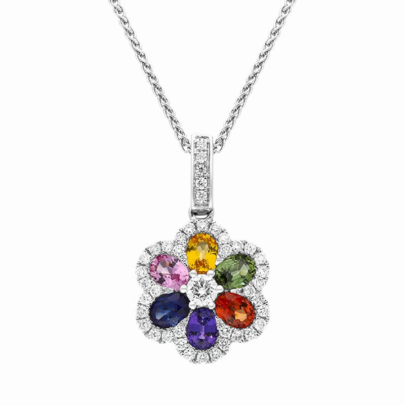 18ct White Gold Sapphire Diamond Cluster Multicolour Flower Pendant