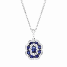 18ct White Gold Sapphire Diamond Cluster Oval Pendant