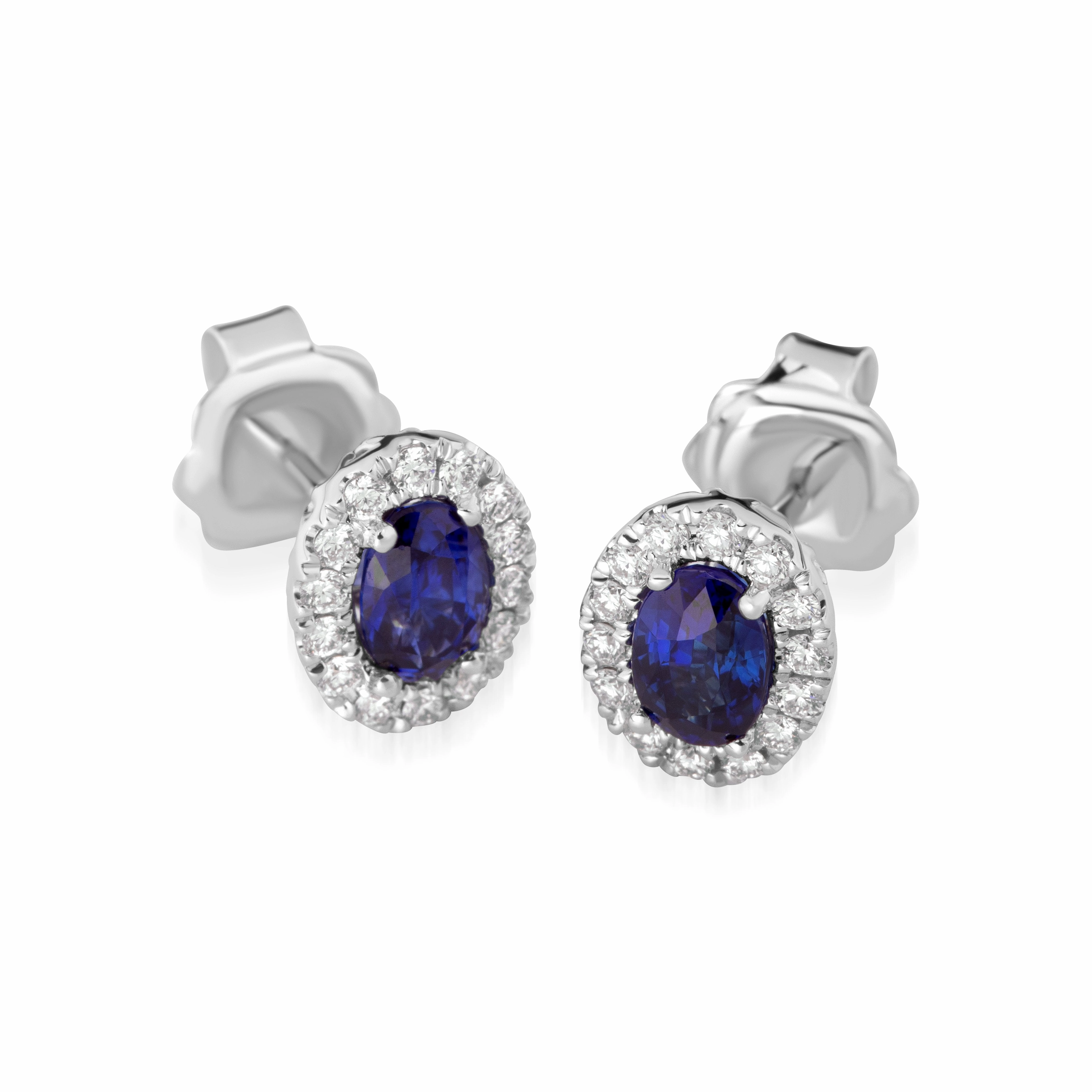 18ct White Gold Sapphire Diamond Cluster Oval Stud Earrings