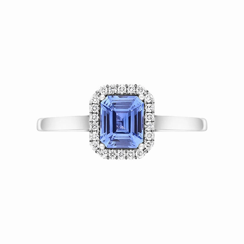 18ct White Gold Sapphire Diamond Emerald Cut Cluster Ring D