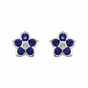 18ct White Gold Sapphire Diamond Flower Cluster Stud Earrings
