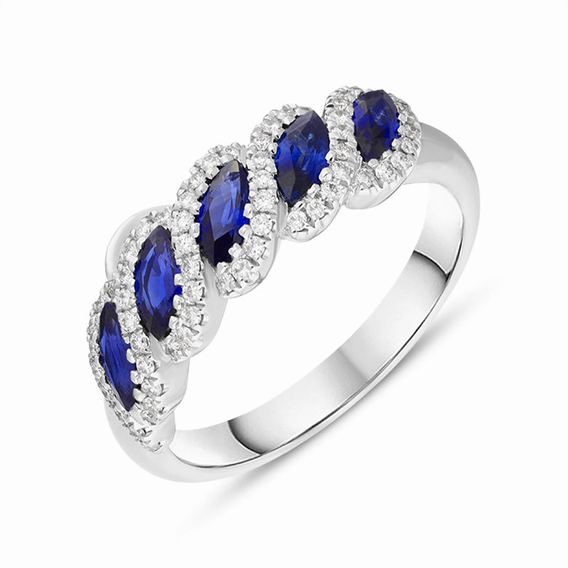 18ct White Gold Sapphire Diamond Marquise Five Stone Half Eternity Ring