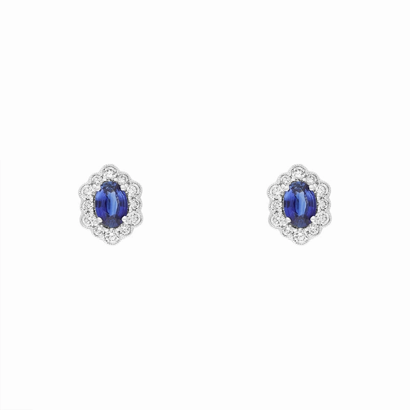 18ct White Gold Sapphire Diamond Oval Cluster Stud Earrings