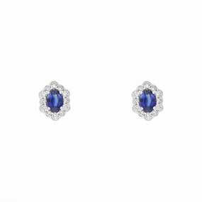 18ct White Gold Sapphire Diamond Oval Cluster Stud Earrings