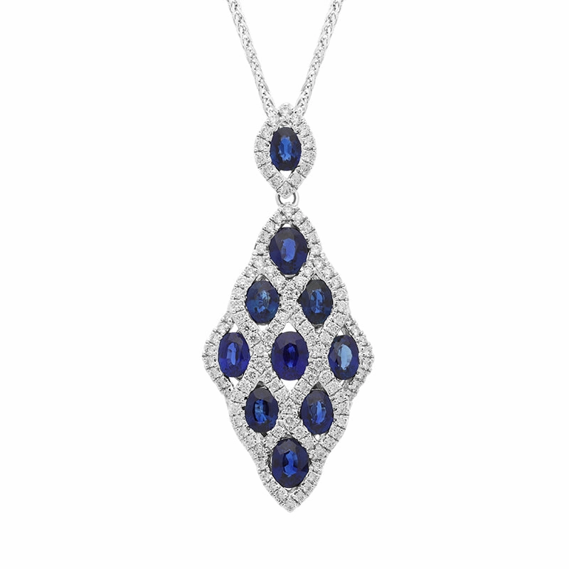 18ct White Gold Sapphire Diamond Oval Cut Lattice Pendant