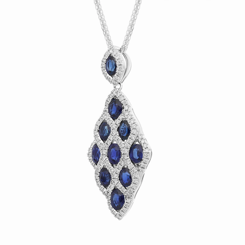 18ct White Gold Sapphire Diamond Oval Cut Lattice Pendant