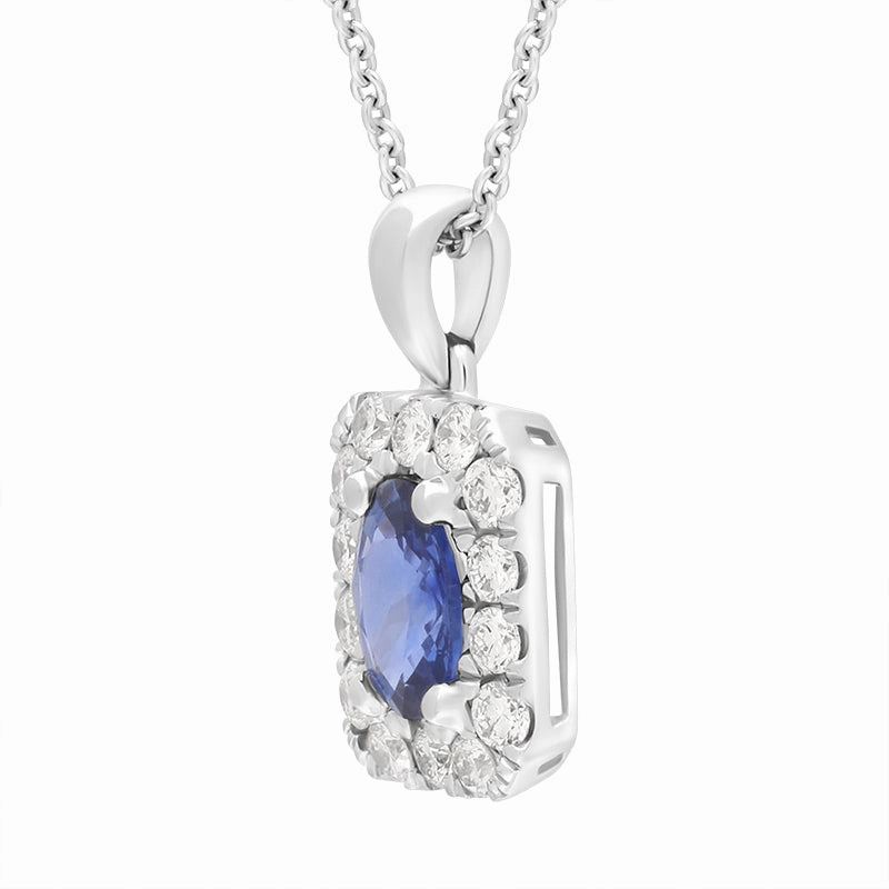 18ct White Gold Sapphire Diamond Oval Cut Octagon Shape Cluster Pendant