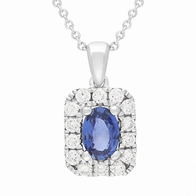 18ct White Gold Sapphire Diamond Oval Cut Octagon Shape Cluster Pendant