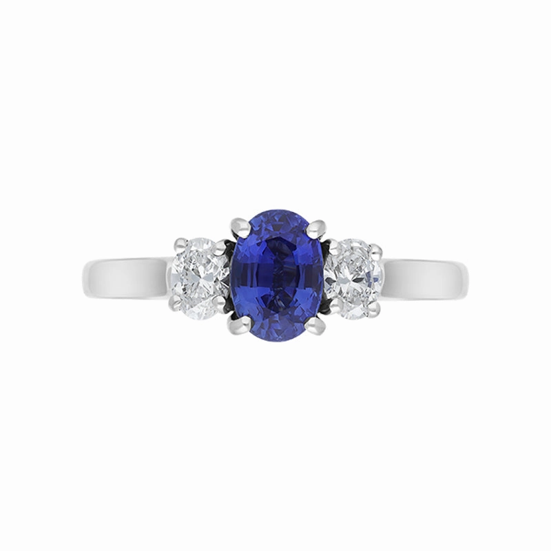 18ct White Gold Sapphire Diamond Oval Cut Three Stone Ring