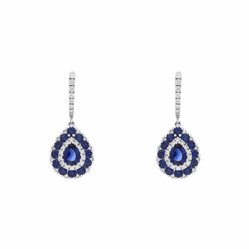 18ct White Gold Sapphire Diamond Pear Cut Drop Earrings