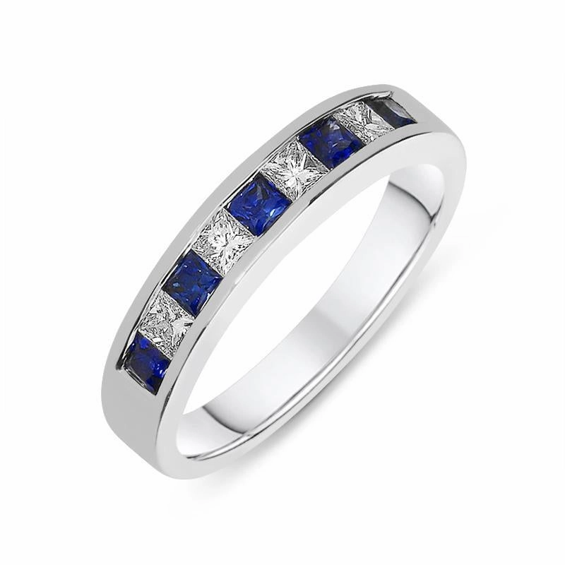 18ct White Gold Sapphire Diamond Princess Cut Half Eternity Ring