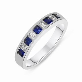 18ct White Gold Sapphire Diamond Princess Cut Half Eternity Ring