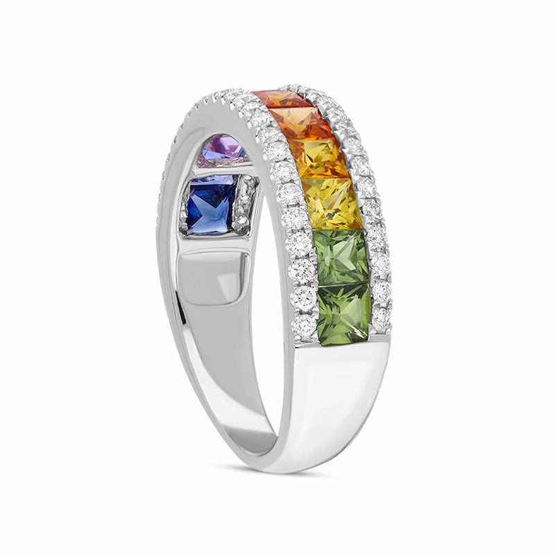 18ct White Gold Sapphire Diamond Princess Cut Multicolour Half Eternity Ring