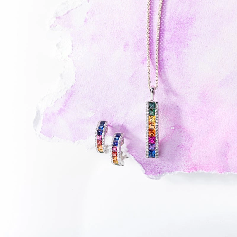 18ct White Gold Sapphire Diamond Princess Cut Multicolour Hoop Earrings
