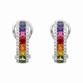 18ct White Gold Sapphire Diamond Princess Cut Multicolour Hoop Earrings