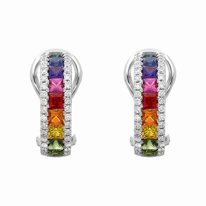 18ct White Gold Sapphire Diamond Princess Cut Multicolour Hoop Earrings