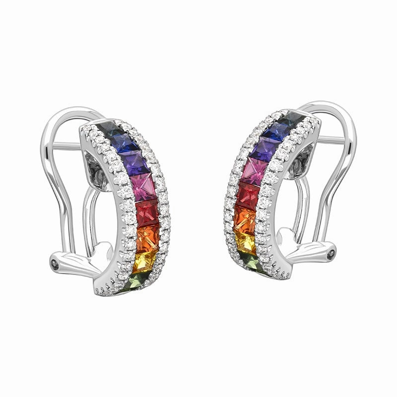18ct White Gold Sapphire Diamond Princess Cut Multicolour Hoop Earrings