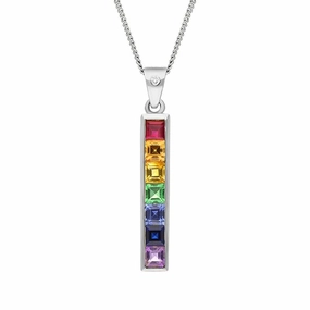 18ct White Gold Sapphire Diamond Princess Cut Multicolour Oblong Necklace