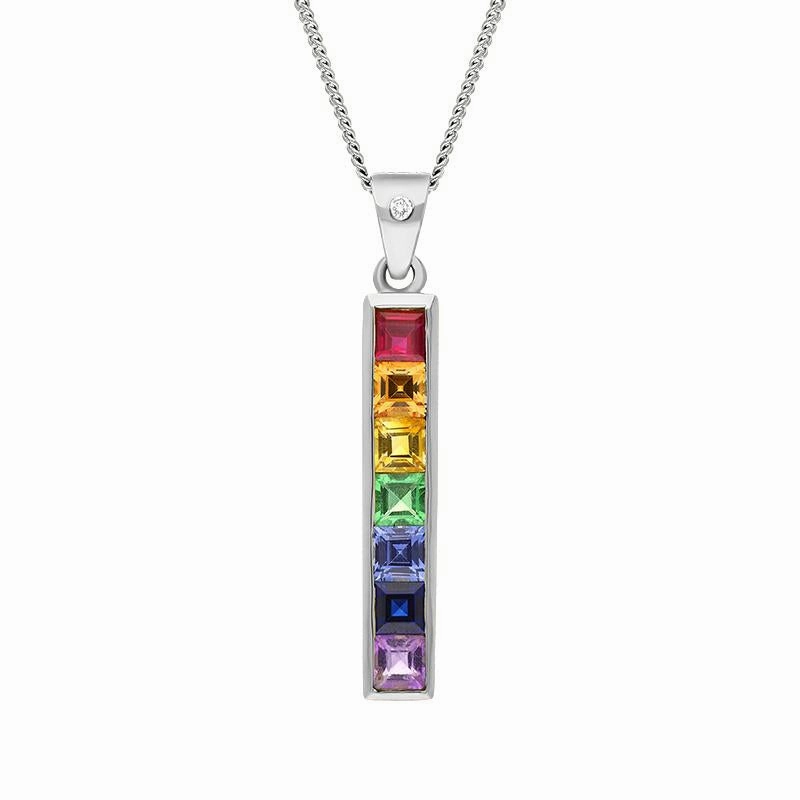 18ct White Gold Sapphire Diamond Princess Cut Multicolour Oblong Necklace