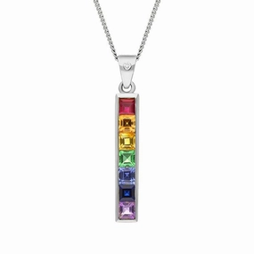 18ct White Gold Sapphire Diamond Princess Cut Multicolour Oblong Necklace
