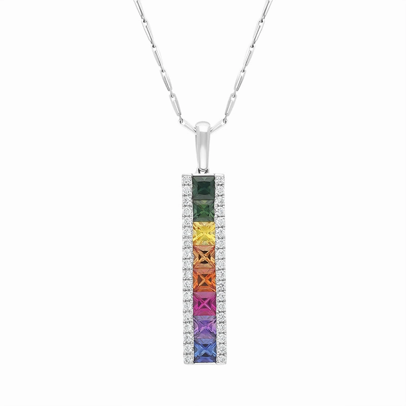 18ct White Gold Sapphire Diamond Princess Cut Multicoloured Bar Pendant
