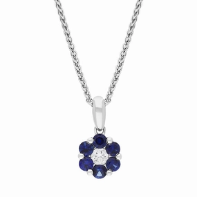 18ct White Gold Sapphire Diamond Round Cluster Pendant