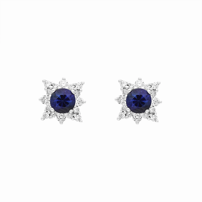 18ct White Gold Sapphire Diamond Round Cut Star Cluster Stud Earrings