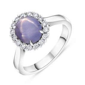 18ct White Gold Star Sapphire Diamond Oval Cluster Ring