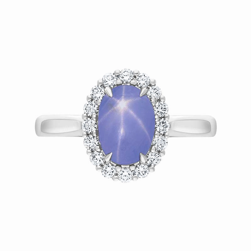 18ct White Gold Star Sapphire Diamond Oval Cluster Ring