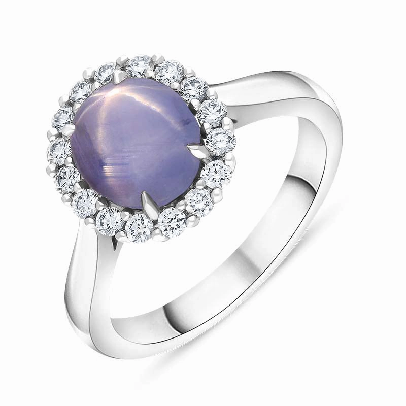 18ct White Gold Star Sapphire Diamond Oval Cluster Ring