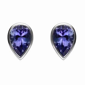 18ct White Gold Tanzanite 6x4mm Pear Rub Over Set Stud Earrings