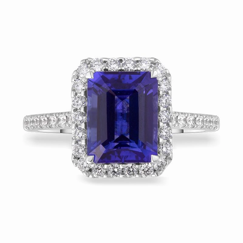 18ct White Gold Tanzanite Diamond Emerald Cut Cluster Ring
