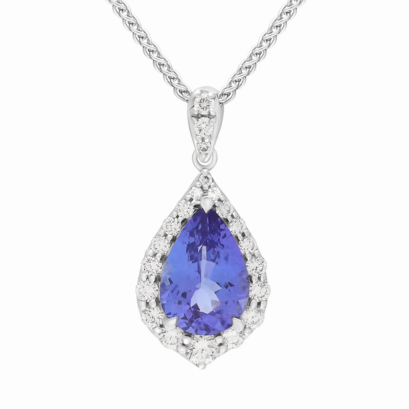 18ct White Gold Tanzanite Diamond Pear Cut Cluster Pendant
