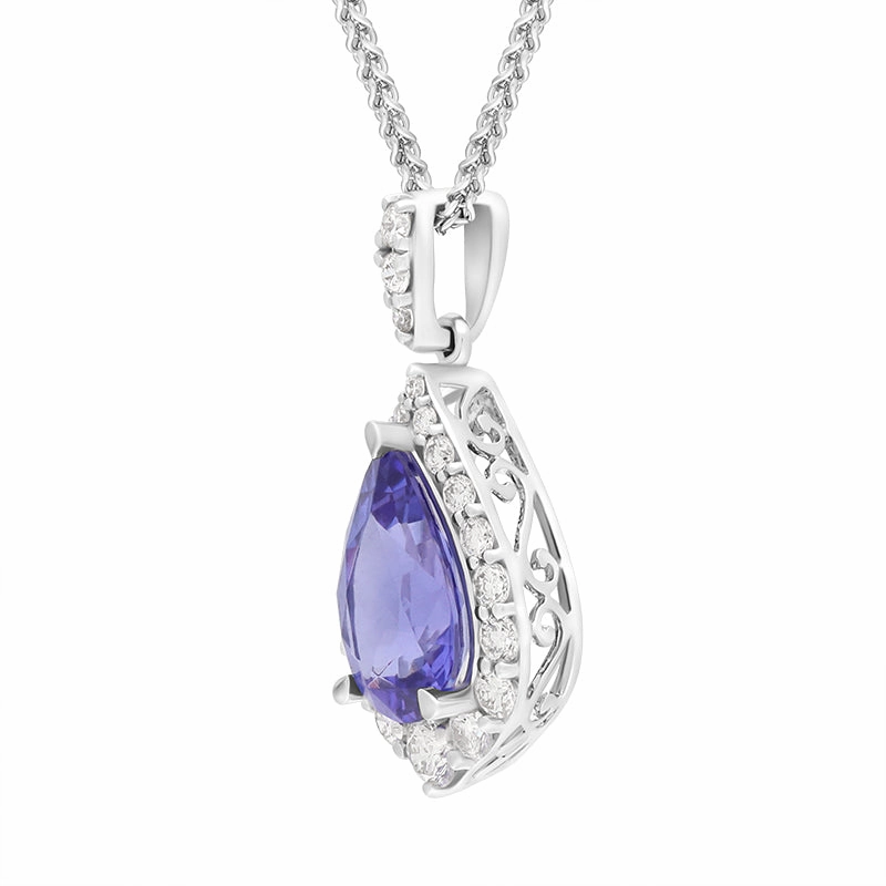 18ct White Gold Tanzanite Diamond Pear Cut Cluster Pendant